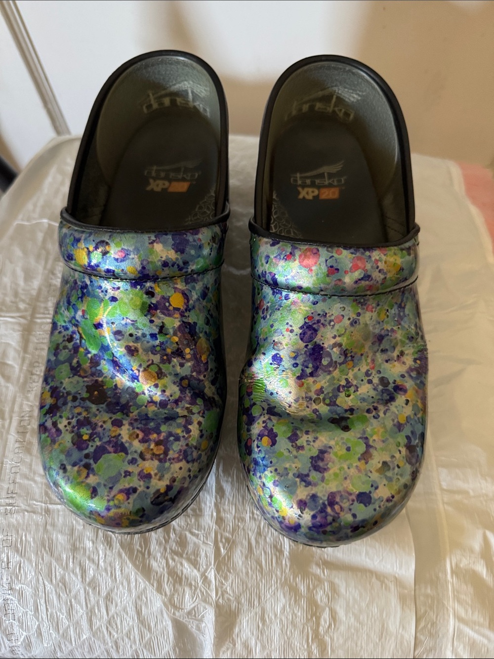 Dansko Women's Clogs in Multi-Color Splatter (Green, Purple, Blue, Yellow)
